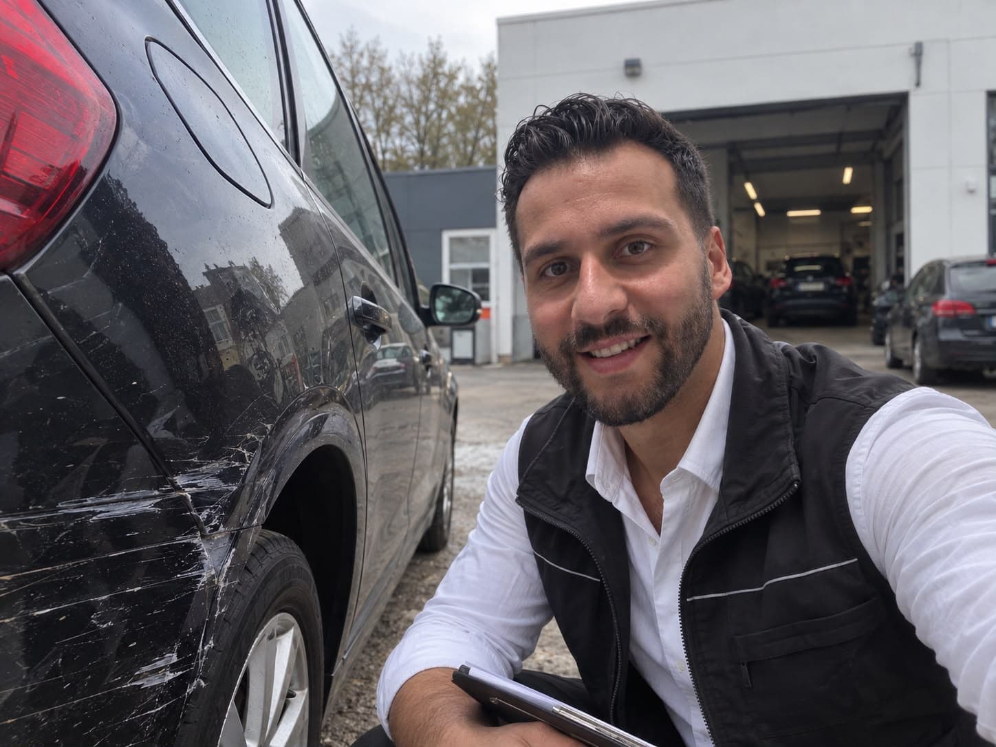 Sivan Celik mit Tablet neben einem Fahrzeug mit beschädigter Seitenwand vor einer Werkstatt